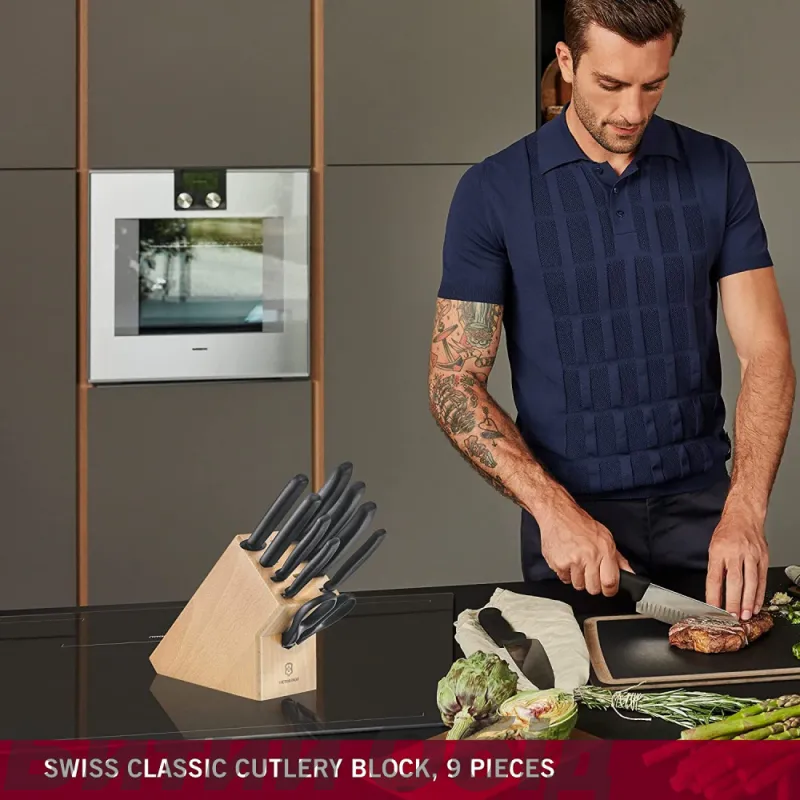Набір кухонний Victorinox SwissClassic Cutlery Block 9шт. ручкою з підст. (6 ножів, точило, вилка, ножни)