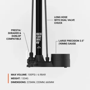 Підлоговий насос LEZYNE MACRO FLOOR DRIVE HV DV Манометр 3,5" Чорний матовий 100psi Y18